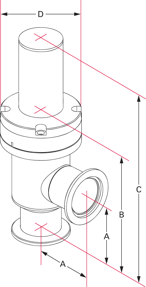HV angle valve, DN 50 ISO-KF, pneumatic, 304/FKM, “A”-dim. 70 mm