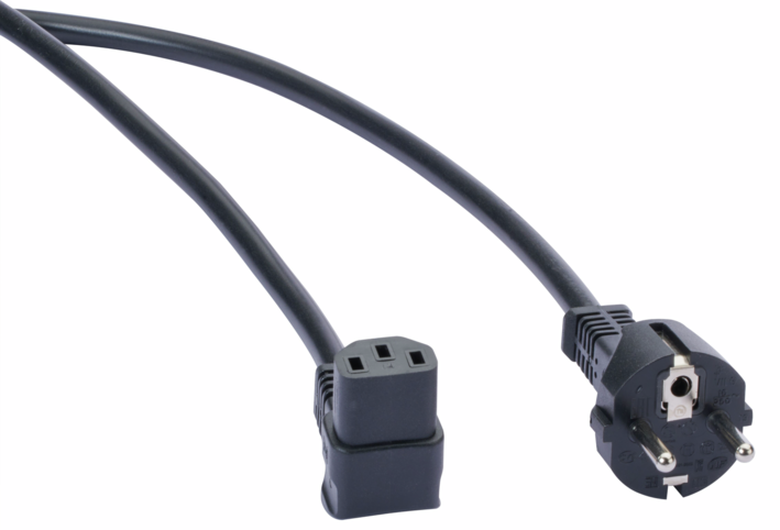 Mains cable 230 V with safety plug, right angle IEC 320/C13 socket, 2 m
