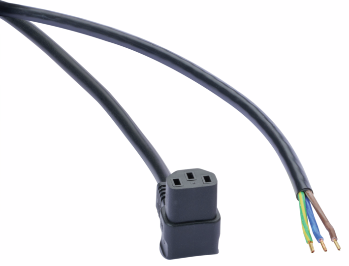Mains cable 115/230 V without plug, rubber connector (right angle), 3 m