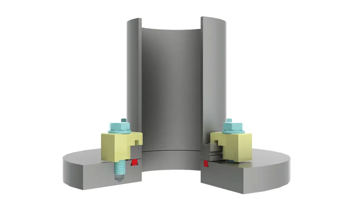 ISO-K flange mounted on base plate with O-ring nut and claw clamps securing base plate with sealing groove
