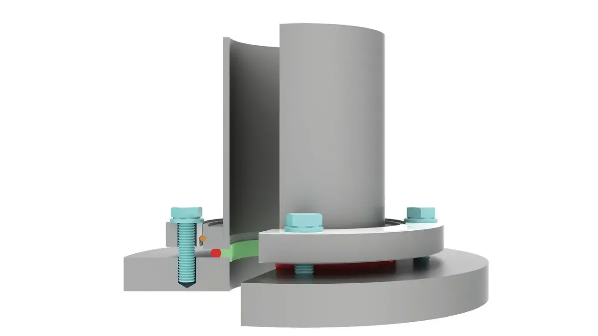 ISO-K flange mounted on base plate with centering ring, bolt ring, and screws securing the assembly