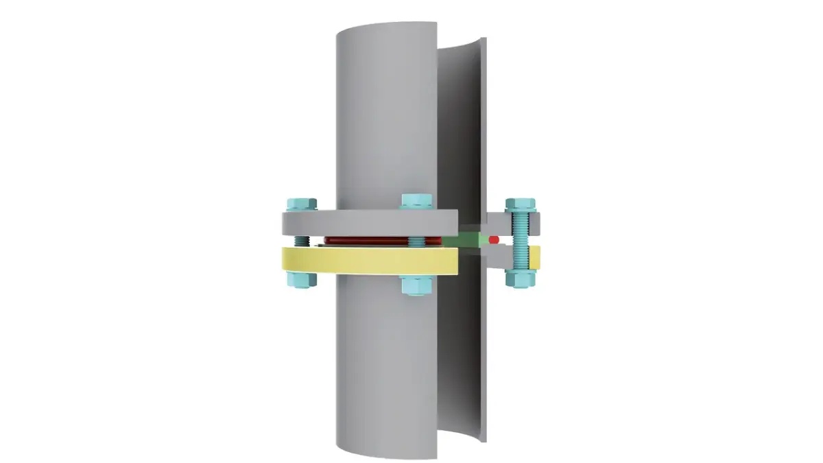 ISO-K flange with bolt ring mounted on ISO-F flange with centering ring and screws connecting two cylindrical pipes