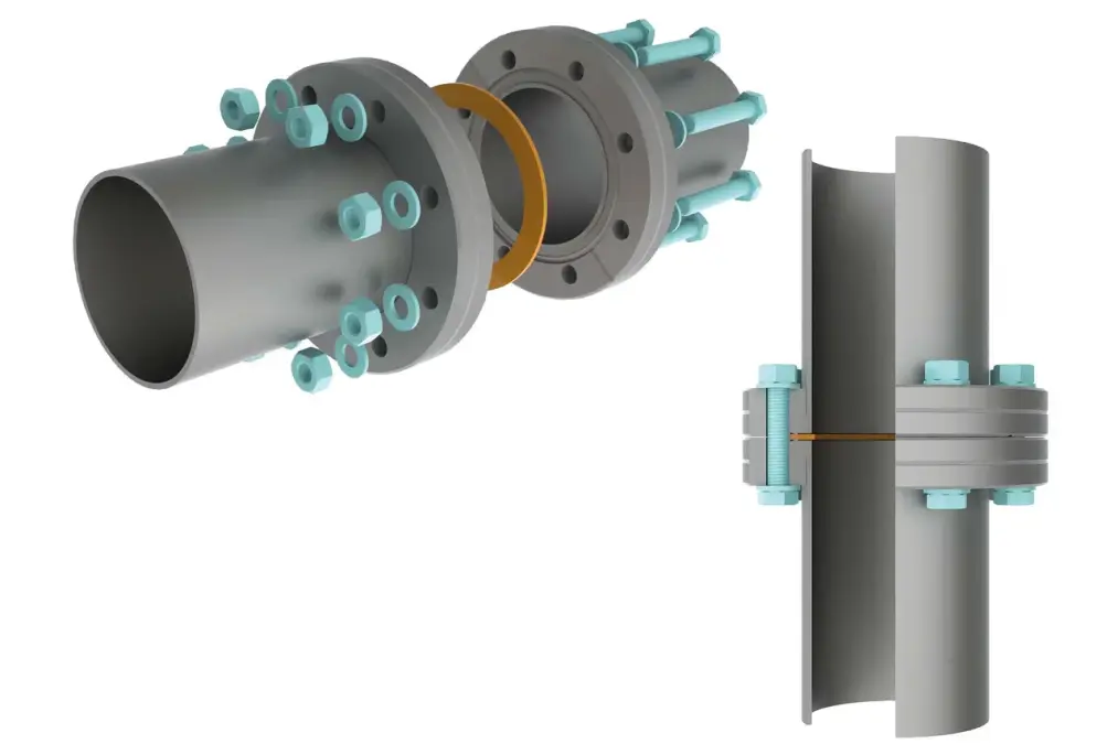 CF connection assembly showing two metal flanges with multiple screws and a copper flat gasket between them