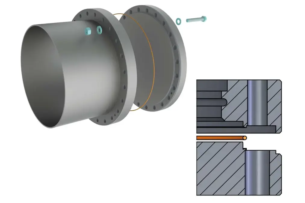 COF connection assembly showing cylindrical metal parts joined with screws and a copper wire seal, with cross-sectional views of the joint details