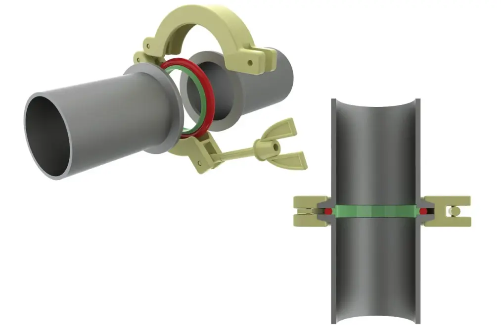 ISO-KF vacuum flange connection with centering ring and clamping ring securing two cylindrical metal tubes