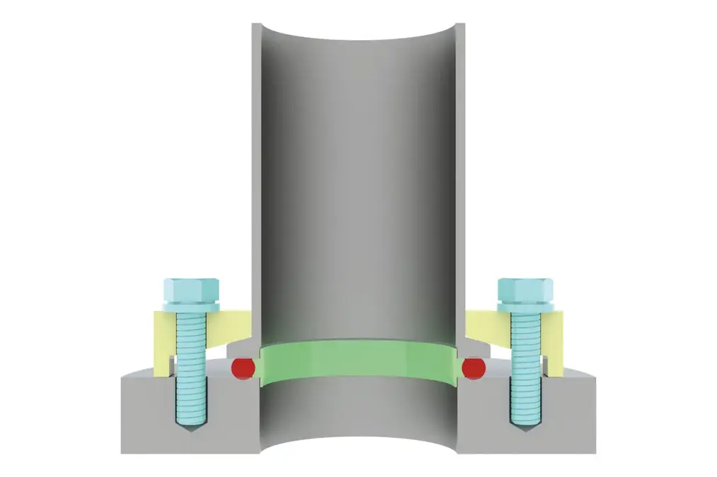 Cross-section of ISO-KF flange on base plate with centering ring and two claw clamps secured by pins.