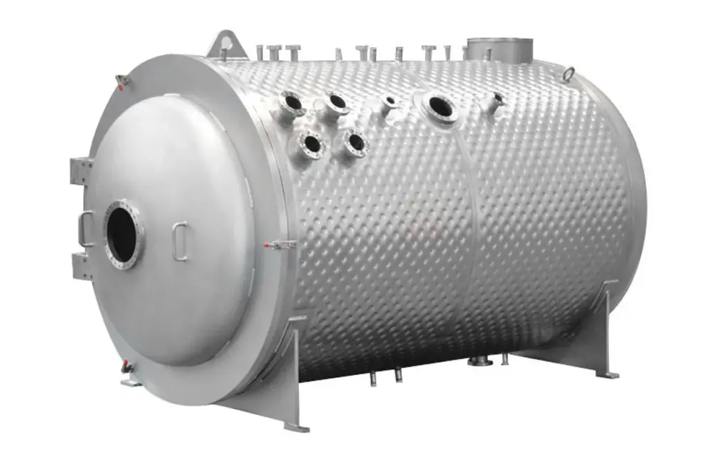 Cylindrical space simulation chamber featuring multiple circular ports and pillow plate cooling on its surface