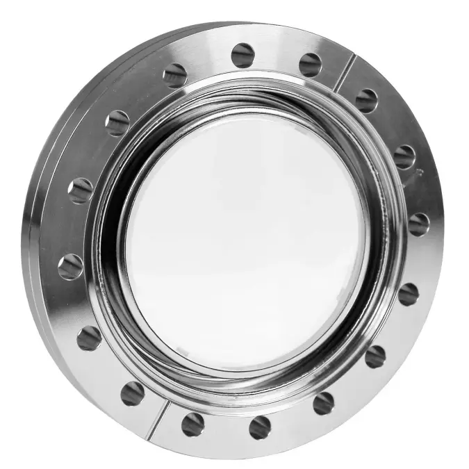 CF viewport with glass-metal fusing, circular metal flange with multiple bolt holes and transparent glass center