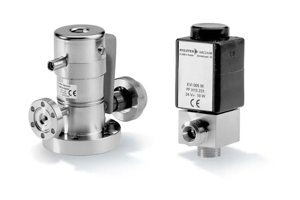 UHV gate valve with rectangular body and circular flange next to a Pfeiffer Vacuum solenoid valve labeled EVI 005 M, used in ultra-high vacuum systems