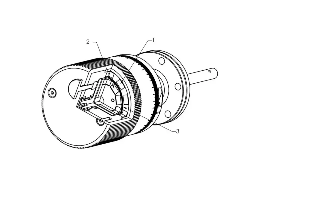 Technical drawing of a magnetically coupled UHV rotary feedthrough showing internal components and numbered parts
