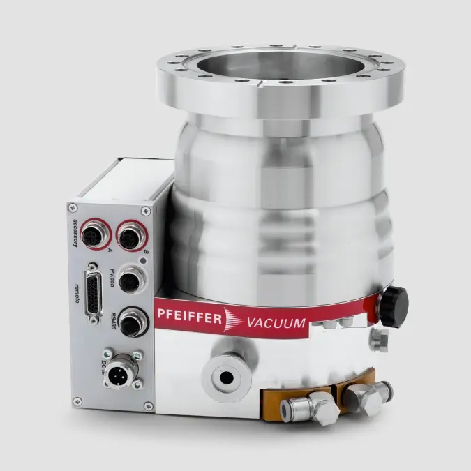 Standard HiPace turbopump by Pfeiffer with cylindrical metal body and multiple connectors
