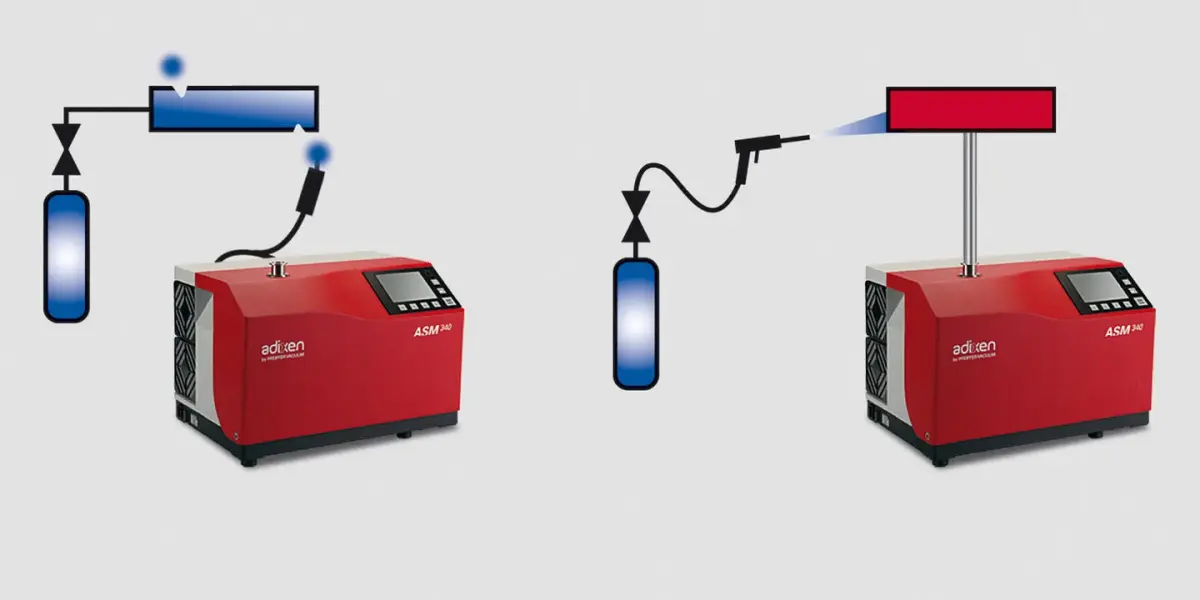 Adixen ASM 340 device showing local leak detection using sniffing method on left and vacuum method on right with gas cylinder connections